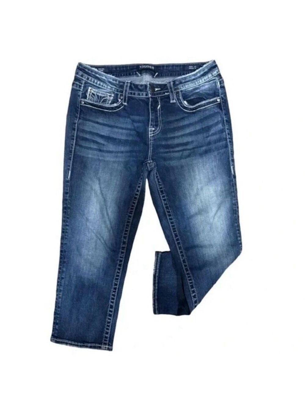 VIGOSS Chelsea Capri Jeans Mid-Rise Size 9/10 Stretch Denim Embroidered Pockets